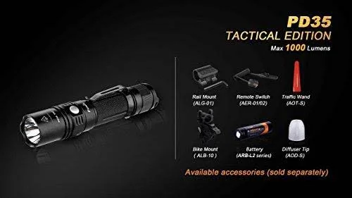 Fenix PD35 Tac 1000 Lumen Cree LED Tactical Flashlight AR102 Pressure Switch with Two EdisonBright CR123A Lithium Batteries