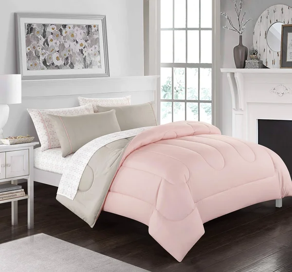 Casa 7-Piece Solid Reversible Comforter Set with Bonus Sheets - Queen, Blush