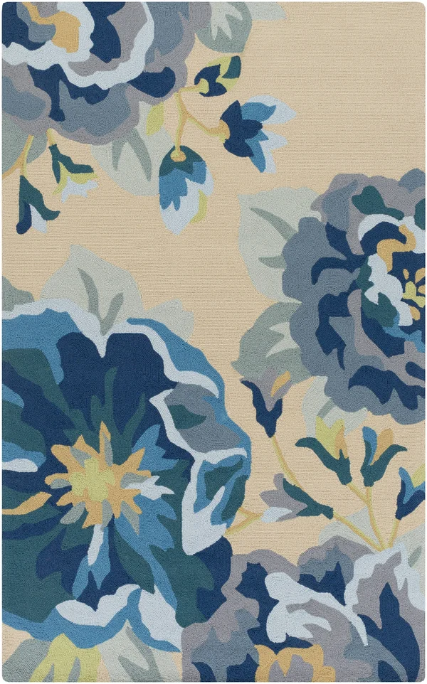 Modern BHS-0057099 Hooked Poly Blue Outdoor Floral Door Mat - 3' x 5'