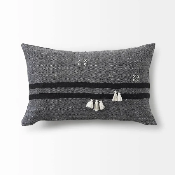 Sibyl 18L x 18W Dark Gray and Black Fabric Striped and Fringed Decorative Pillow Cover - Mercana 69419