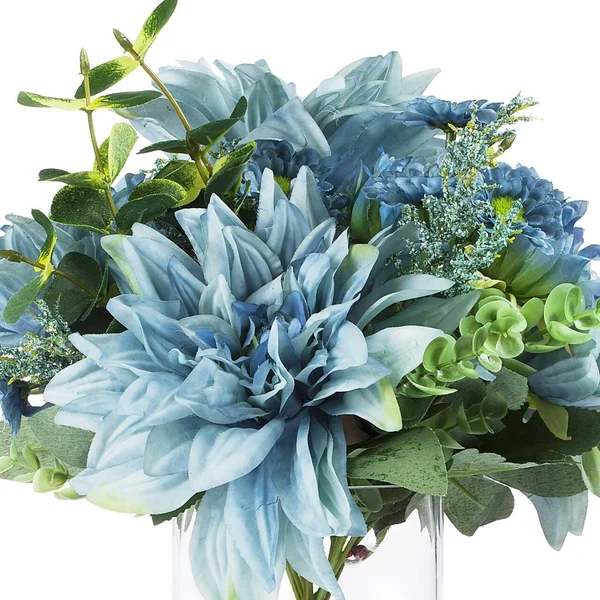 Enova Home Mixed Artificial Dahlia Flower and Eucalyptus Grass Arrangement in Clear Glass Vase with Faux Water (Blue)
