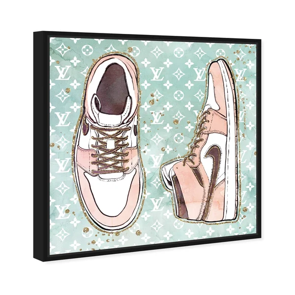 Oliver Gal 'Blush Fashion Sneakers' Fashion and Glam Wall Art Framed Canvas Print Shoes - Pink, Green - 40 x 40 - Gold