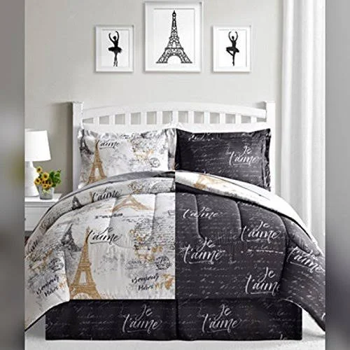 Bon Jour Paris, Eiffel Tower, Black & White Reversible Cal King Comforter Set (8 Piece Bed in A Bag)