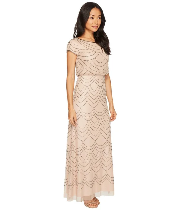 Adrianna Papell Short Sleeve Beaded Blouson Gown - Taupe/Pink