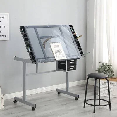 Adjustable Art Drawing Desk Craft Station Drafting with 2 Non-Woven Fabric Slide Drawers and 4 Wheels Inbox Zero