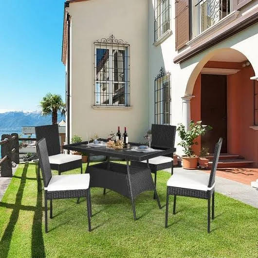 5 Pcs Outdaoor Patio Rattan Dining Set with Glass Top with Cushions