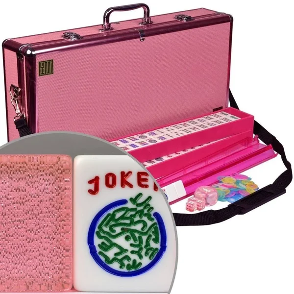 American Mahjong (Mah Jongg, Mahjongg) 166 Tiles All-in-One Racks, Pushers Set - Pink Sparkles with Pink Aluminum Case