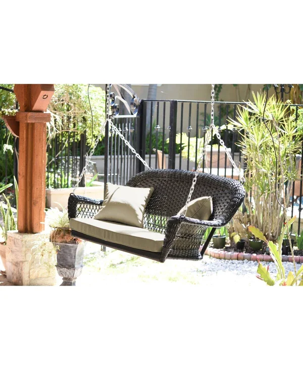 Jeco W00207S-D-FS006 Black Wicker Porch Swing with Tan Cushion
