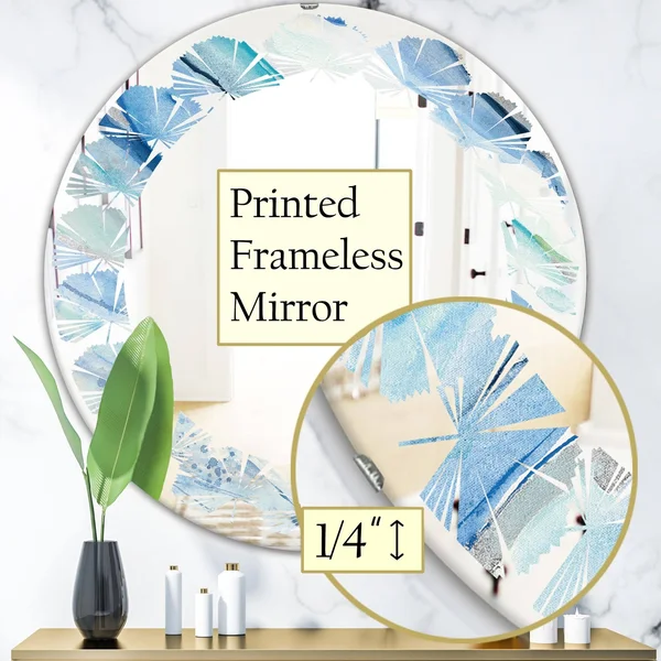 Designart 'Blue Silver Spring I' Modern Round or Oval Wall Mirror - Leaves - 24 in. Wide x 24 in. High