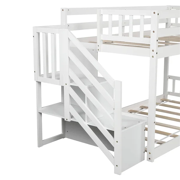 Twin Over Twin Floor Bunk Bed - Ladder with Storage - White