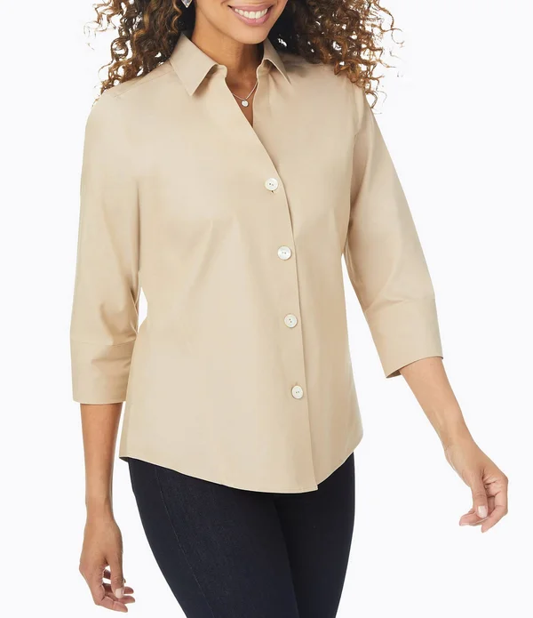 Foxcroft Paityn Solid Pinpoint Oxford Non-Iron Shaped Button Front Point Collar Shirt - Womens, 14, Almond Tart