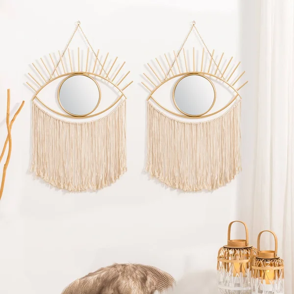 Glitzhome 37.50x22H Regency Modern/Boho Metal Eye Mirror with Tassels Hanging Decor - Two Gold