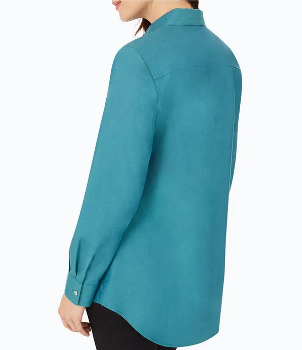 Foxcroft Cici Solid Non-Iron Pinpoint Oxford Long Sleeve Point Collar Button Front Tunic, Womens, 4, Blue Bliss