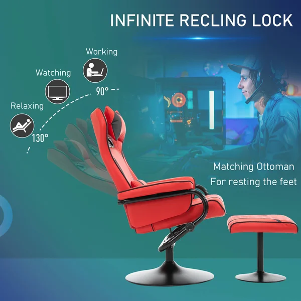 HOMCOM Vinsetto Racing Style Swiveling Recliner with Ottoman Headrest Lumbar Support Ergonomic Faux Leather Gaming Chair with Me