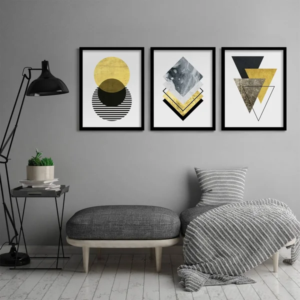 Americanflat Triptych Wall Art Minimalist Geo by Monica Pop - Set of 3 Black Framed Prints - Size: 22 x 28, Gold