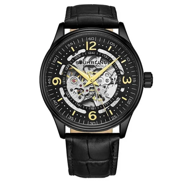 Stuhrling Original Legacy Black Dial Men's Watch M15745 - Automatic Movement, Leather Strap, 42 mm Case in Black, Gold Tone, Ye
