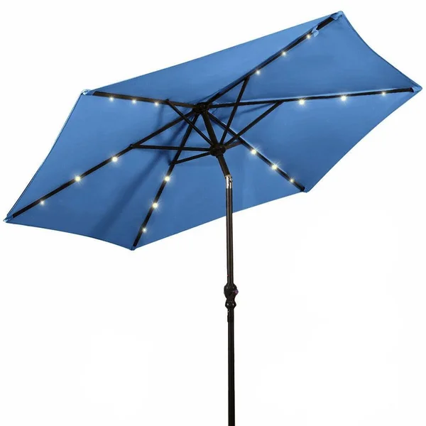 WELLFOR 9 ft. Steel Market Solar Tilt Patio Umbrella with Crank and LED Lights in Blue