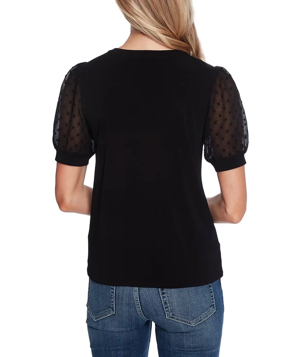 Women's Cece Puff Sleeve Mixed Media Top - Medium - Soft Ecru