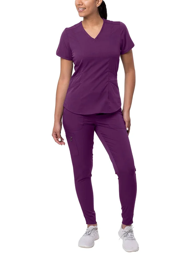 Adar Pro Modern Athletic Scrub Set for Women - Modern V-Neck Scrub Top & Yoga Jogger Scrub Pants - P9500 - Eggplant - Xxs