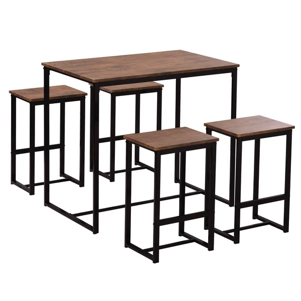 5 Piece Dining Set for 4 Rustic Kitchen Counter Height Pub Table Set with 4 Stools - Brown