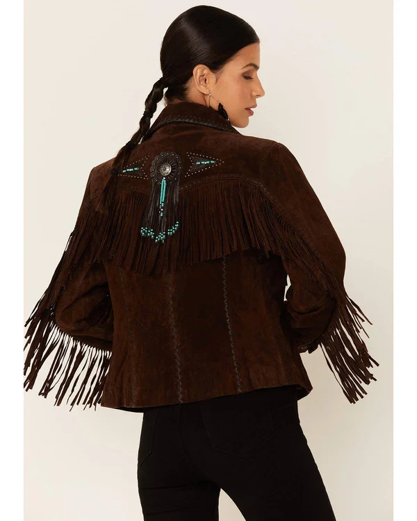 Scully Leather Womens Beaded Fringe Boar Suede Jacket Chocolate