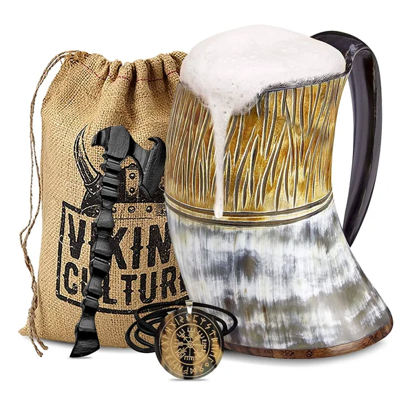 Viking Culture Ox Horn Mug - Norse Pendant, and Axe Bottle Opener (3 pc. Set) Aut