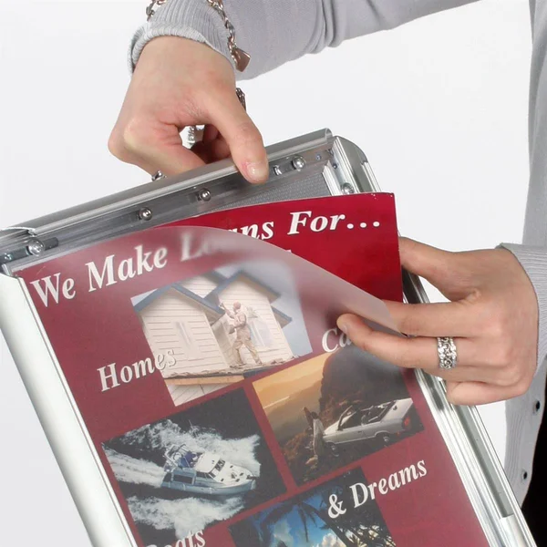 Sign Stand with Aluminum Snap Open Picture Frame and Clear Acrylic Brochure