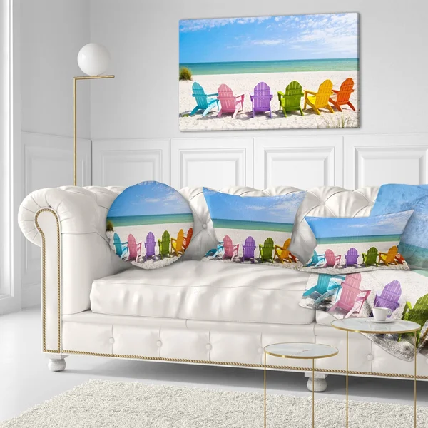 Designart &Adirondack Beach Chairs & Seashore Photo Canvas Art Print - Size: 40 inch x 20 inch, Blue