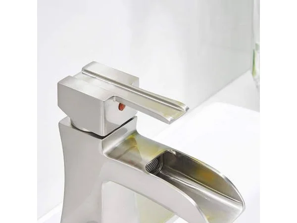 Bathlavish Waterfall Bathroom Faucet Brushed Nickel Sink with Pop Up Drain Vanity Single Hole Lavatory Modern Basin Satin Mixer