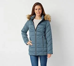 Nuage Stretch Diagonal Quilted Coat with Removable Hood, Size 1X, Soft Blue