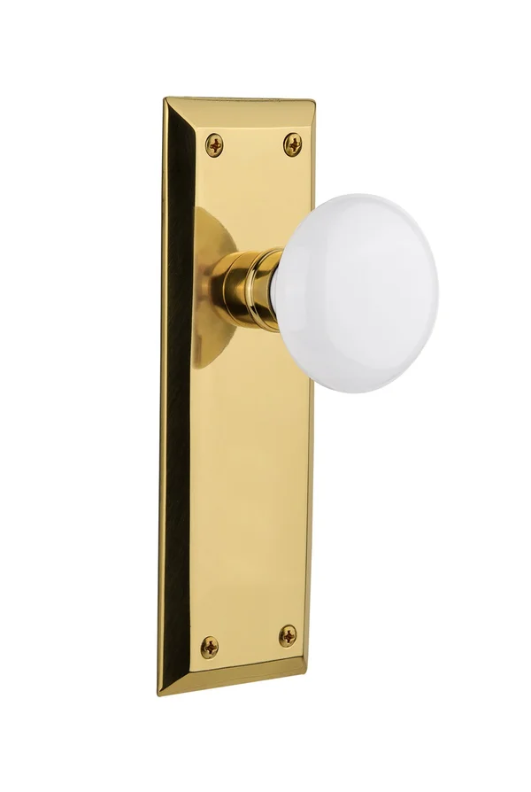 Nostalgic Warehouse 733104 New York Plate Passage White Porcelain Door Knob, Polished Brass