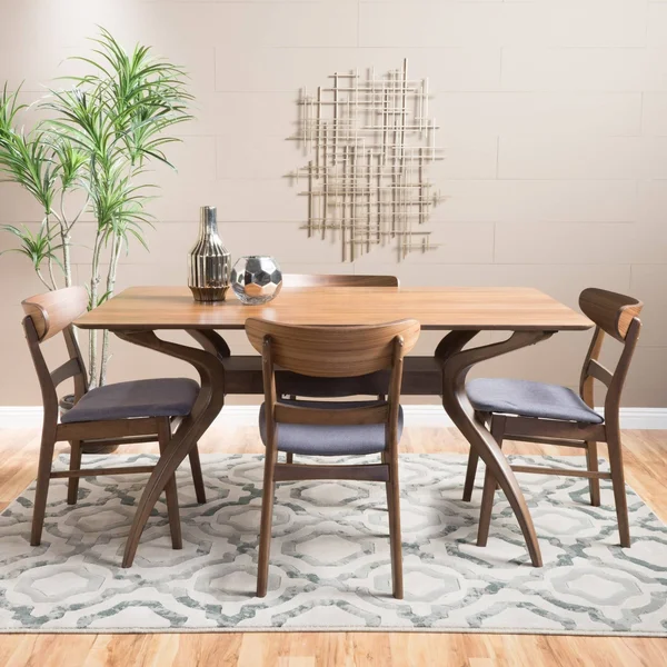Kloss Curved Leg Rectangular 5-Piece Dining Set, Dark Grey/ Natural Walnut Finish, Gray