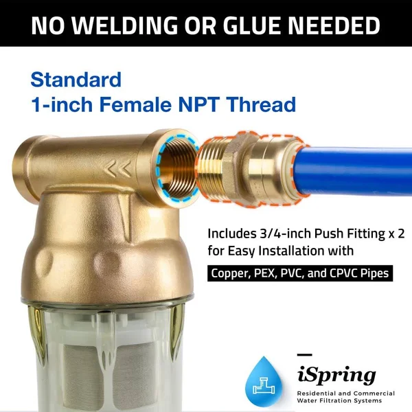 iSpring WSP100B Large Reusable Whole Spin-Down Sediment Water Filter with Scraper and Brass Top Clear Housing - 100 Micron