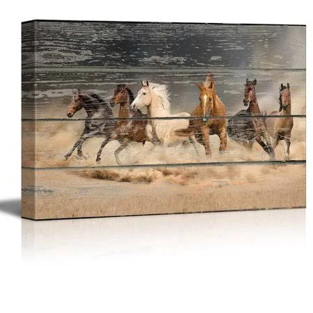 Wall26 - Canvas Wall Art - Galloping Horses on Vintage Wood Textured Background - Rustic Country Style Modern Giclee Print Galle