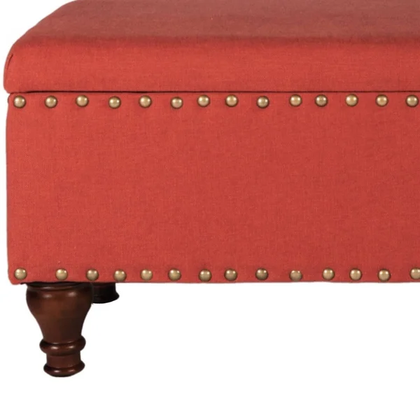 Fabric Upholstered Wooden Storage Bench with Nail Head TRIM - Large, Orange and Brown