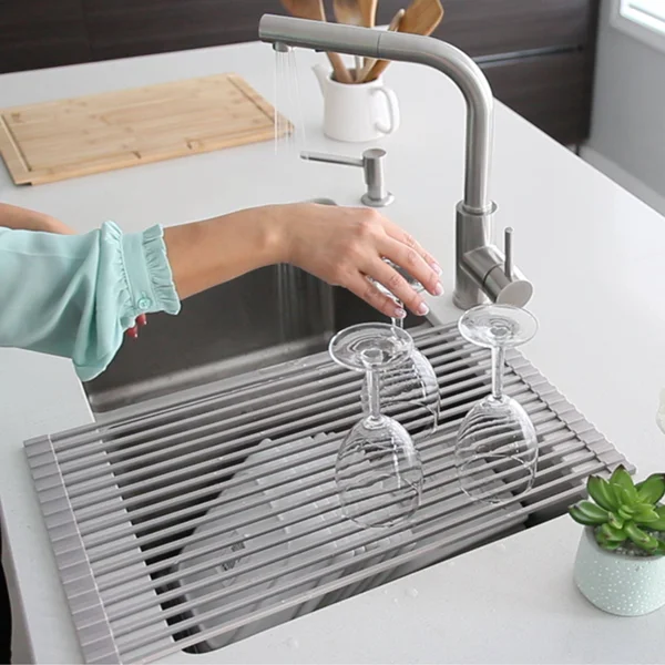 Stylish Multipurpose Over Sink Roll-Up Dish Drying Rack - Dark Grey