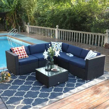 MF Studio 6 Pieces Patio Furniture Sets Outdoor Patio Sectional Sofa Sets All-Weather PE Rattan Conversation Sets with Glass Tab