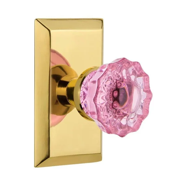 Nostalgic Warehouse Studio Plate Privacy Crystal Pink Glass Door Knob in Polished Brass