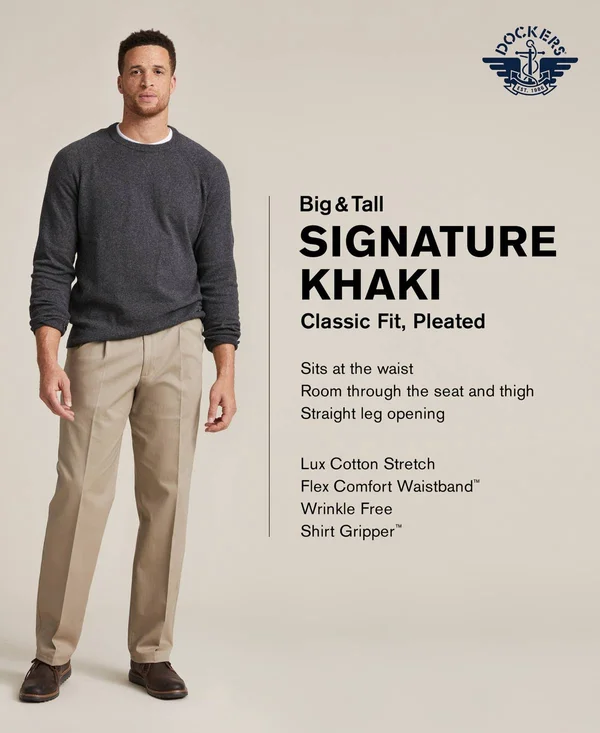 Dockers Big & Tall Classic Fit Signature Khaki Lux Cotton Stretch Pleated Pants - 48 32, Brown