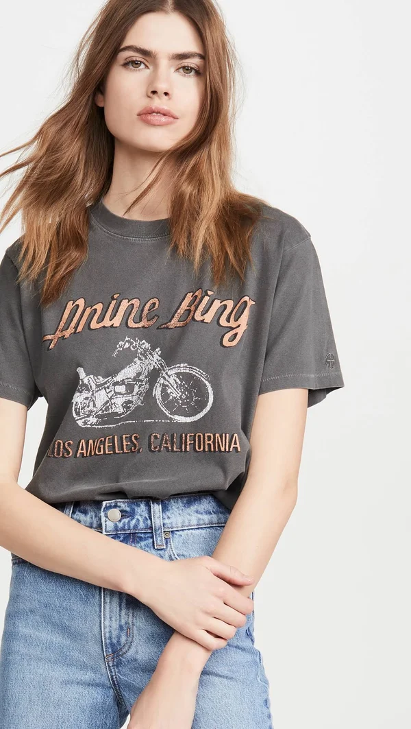Anine Bing Lili T-Shirt Motorcycle in Charcoal - Medium