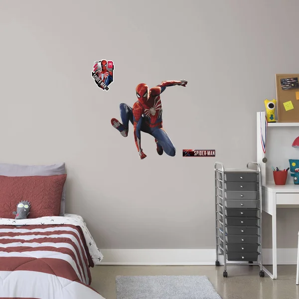 Spider-Man: Gameverse Leap - Officially Licensed Removable Wall Decal Life-Size Character + 8 Wall Decals (51x22W x 53x22H) by F
