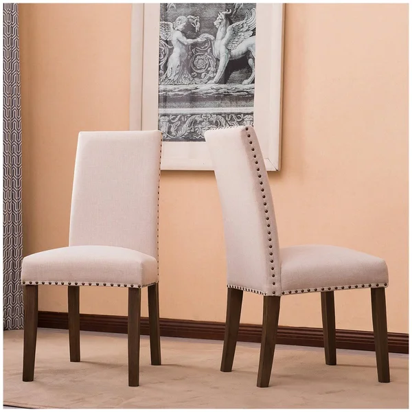 BELLEZE Set of (2) Dining Chairs Linen Armless Nailhead Trim Accent Elegant Side Chair Wooden Leg - Beige