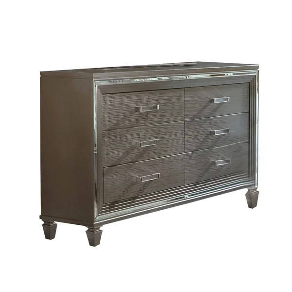 Textured Front 6 Drawer Dresser with Beveled Mirror TRIM, Silver