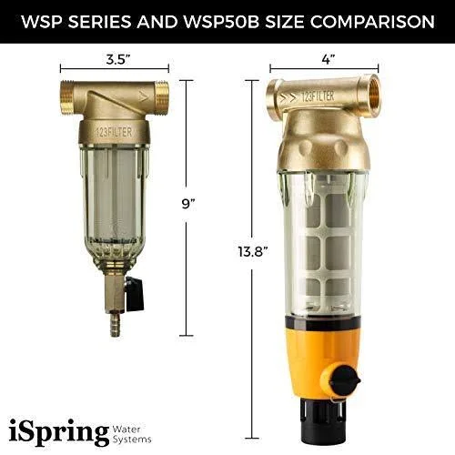 iSpring WSP100B Large Reusable Whole Spin-Down Sediment Water Filter with Scraper and Brass Top Clear Housing - 100 Micron