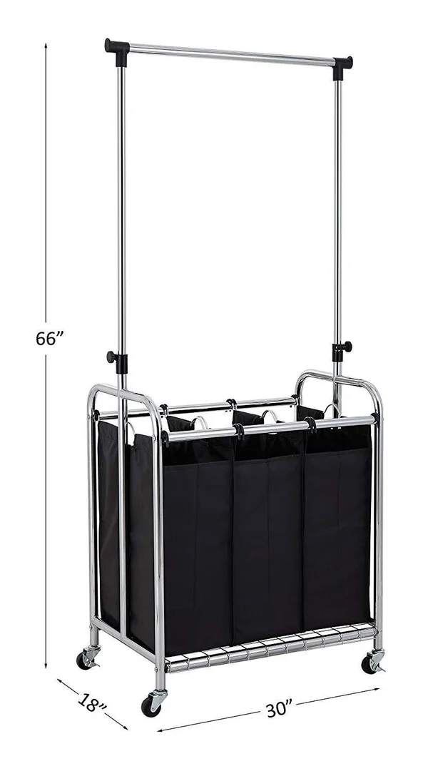 Finnhomy 3-Bag Rolling Laundry Sorter Cart with Hanging Bar Heavy-Duty Wheels Larger Bags Chrome