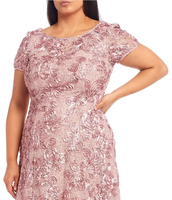Alex Evenings Plus Size Floral Rosette Short Sleeve A-Line Gown - 16W