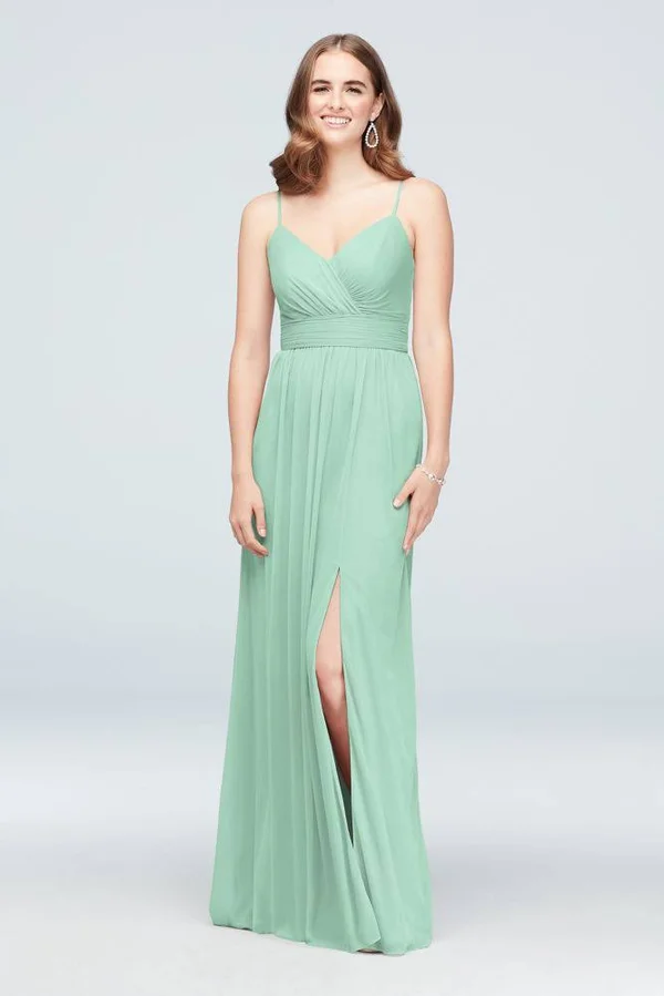 David&s Bridal Spaghetti Strap Ruched Waist Mesh Bridesmaid Dress - Juniper (Green), 12