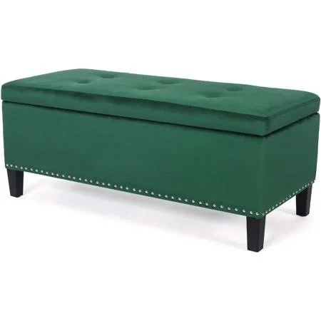 Homebeez Rectangular Velvet Storage Ottoman Bench Footstool (Emerald Green) - Blue