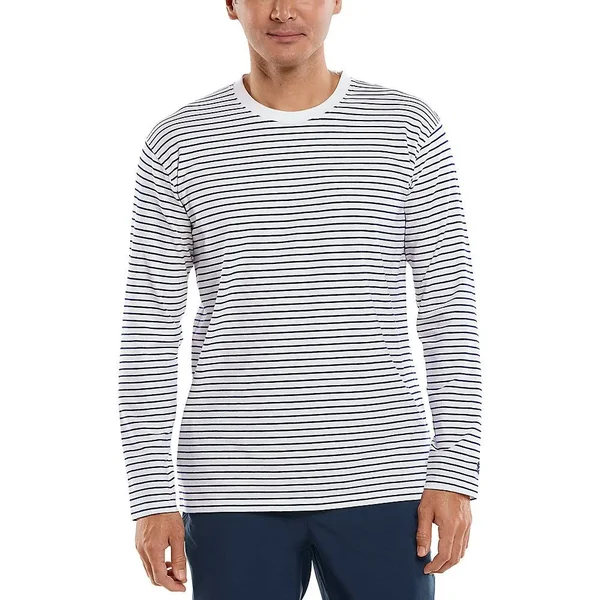 Coolibar Men's Morada Everyday Long Sleeve T-Shirt - Shirts for Men, White/Navy Stripe, XX-Large