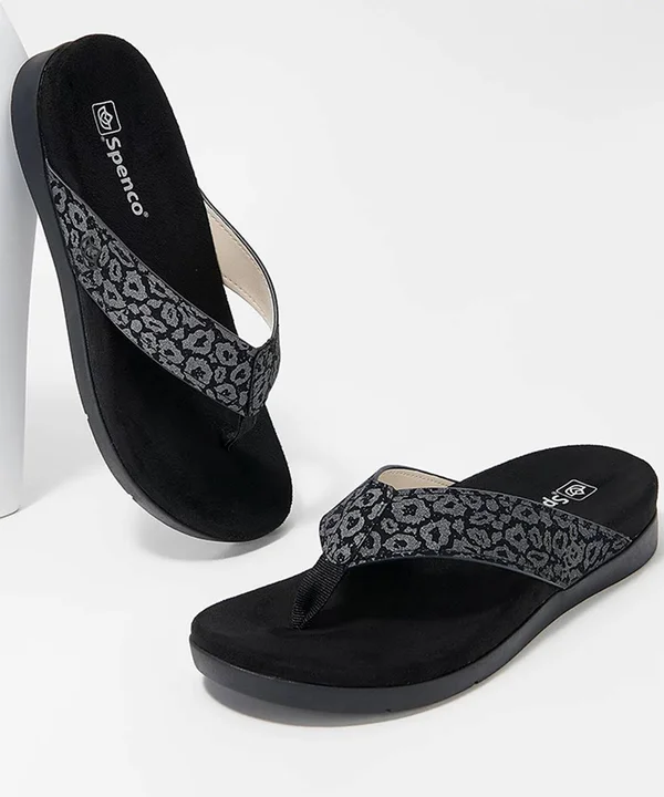 Spenco Orthotic Thong Sandals - Newport Cheetah, Size 5 Medium, Black